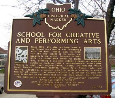 School for Creative and Performing Arts Marker (Side B). Click for full size. School for Creative and Performing Arts Marker (Side B) image. Click for full size.