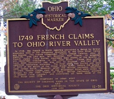 1749 French Claims to Ohio River Valley Marker (Side A) image. Click for full size.