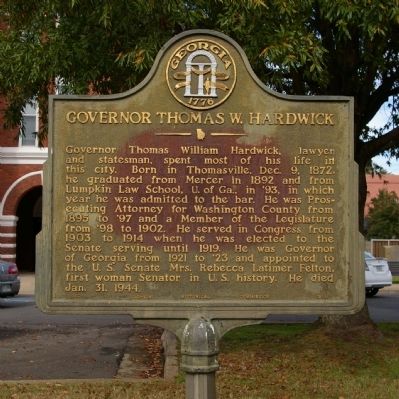 Governor Thomas W. Hardwick Marker. Click for full size. Governor Thomas W. Hardwick Marker image. Click for full size.