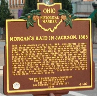 Morgan's Raid in Jackson, 1863 Marker (Side B) image. Click for full size.
