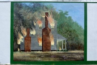Captain William Henry Mouzon burning farm house mural image. Click for full size.
