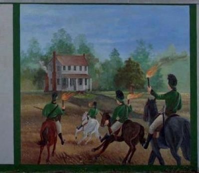 Mural of Banastre Tarleton to torch Captain William Henry Mouzon home. Click for full size. Mural of Banastre Tarleton to torch Captain William Henry Mouzon home image. Click for full size.