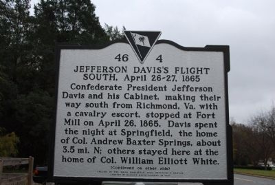 Jefferson Davis's Flight South, April 26-27, 1865 side of the marker image. Click for full size.