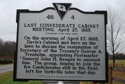Last Confederate Cabinet Meeting, April 27, 1865 side of the marker image. Click for full size.