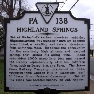 Highland Springs Marker. Click for full size. Highland Springs Marker image. Click for full size.