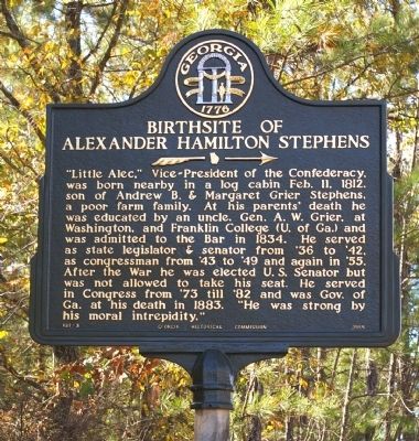 Birthplace of Alexander Hamilton Stephens Marker image. Click for full size.