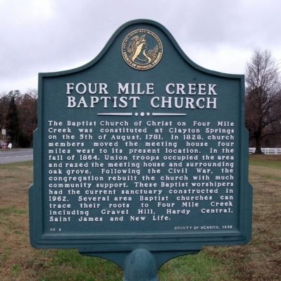 Four Mile Creek Baptist Church Marker. Click for full size. Four Mile Creek Baptist Church Marker image. Click for full size.