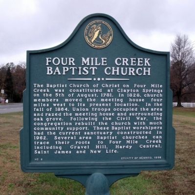 Four Mile Creek Baptist Church Marker image. Click for full size.