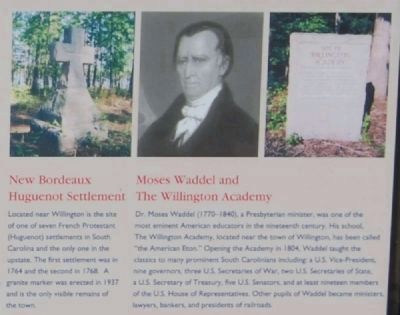 Willington Marker -<br>New Bordeaux Huguenot Settlement<br>Moses Waddel and The Willington Academy. Click for full size. Willington Marker -<br>New Bordeaux Huguenot Settlement<br>Moses Waddel and The Willington Academy image. Click for full size.