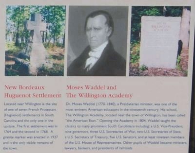 Willington Marker -<br>New Bordeaux Huguenot Settlement<br>Moses Waddel and The Willington Academy image. Click for full size.