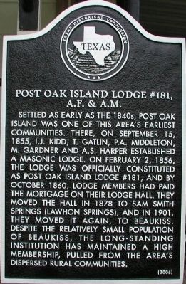 Post Oak Island Lodge #181, A.F. & A.M. Marker image. Click for full size.