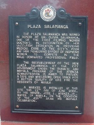 A Second Plaza Salamanca Marker - Erected by the City of Manila image. Click for full size.