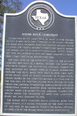 Round Rock Cemetery Marker. Click for full size. Round Rock Cemetery Marker image. Click for full size.