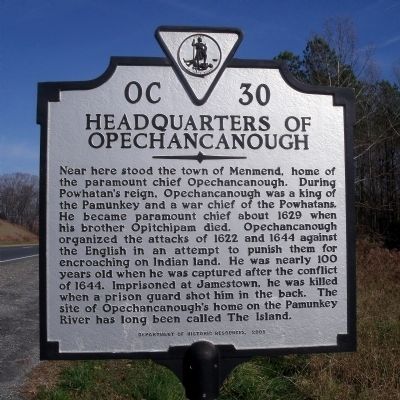 Headquarters of Opechancanough Marker image. Click for full size.