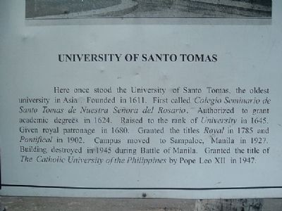 University of Santo Tomas Marker. Click for full size. University of Santo Tomas Marker image. Click for full size.