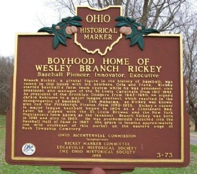 Boyhood Home of Wesley Branch Rickey Marker image. Click for full size.