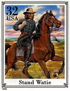 Stand Watie U.S. Commemorative Stamp, artwork by Mort Knstler image. Click for full size.