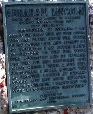 Abraham Lincoln made his only speech in Warren County, Indiana..... Marker image. Click for full size.