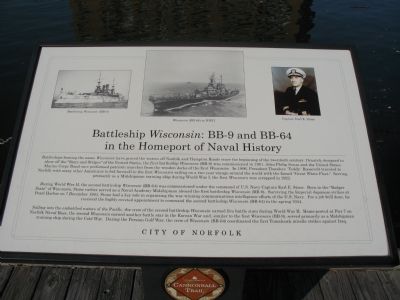 Battleship <i>Wisconsin</i>:BB-9 and BB-64 in the Homeport of Naval History Marker image. Click for full size.