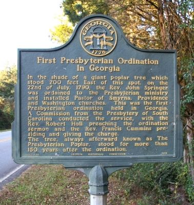 First Presbyterian Ordination in Georgia Marker. Click for full size. First Presbyterian Ordination in Georgia Marker image. Click for full size.