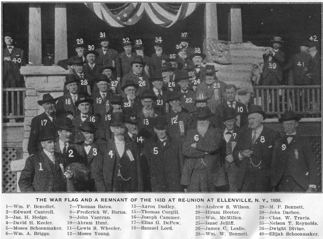 The war flag and a remnant of the 143d at a reunion held at Ellenville. Click for full size. The war flag and a remnant of the 143d at a reunion held at Ellenville image. Click for full size.