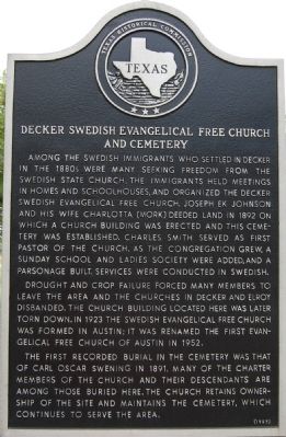 Decker Swedish Evangelical Free Church and Cemetery Marker. Click for full size. Decker Swedish Evangelical Free Church and Cemetery Marker image. Click for full size.