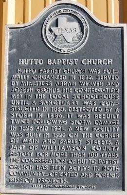 Hutto Baptist Church Marker image. Click for full size.