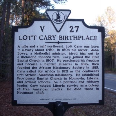 Lott Cary Birthplace Marker image. Click for full size.