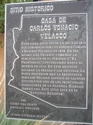 Carlos Ygnacio Velasco House Marker image. Click for full size.
