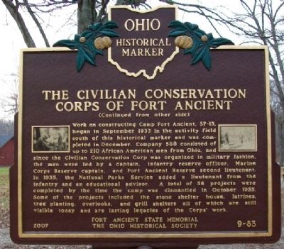 The Civilian Conservation Corps of Fort Ancient Marker (Side B). Click for full size. The Civilian Conservation Corps of Fort Ancient Marker (Side B) image. Click for full size.