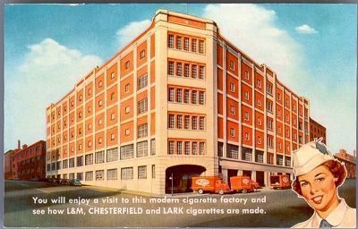 L&M, Chesterfield, and Lark cigarette factory image. Click for full size.
