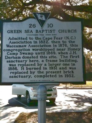 Green Sea Baptist Church Marker [reverse] image. Click for full size.