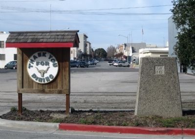 Hollister Train Service Marker - Back of Monument (ECV 1846) with View Down Fifth Street. Click for full size. Hollister Train Service Marker - Back of Monument (ECV 1846) with View Down Fifth Street image. Click for full size.