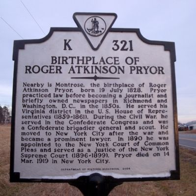 Birthplace of Roger Atkinson Pryor Marker image. Click for full size.