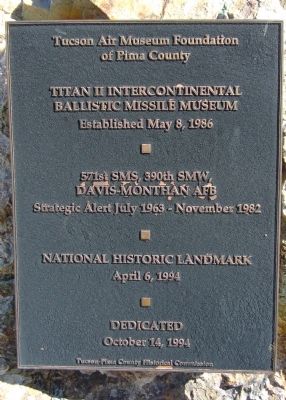 Titan II Intercontinental Ballistic Missile Museum Marker. Click for full size. Titan II Intercontinental Ballistic Missile Museum Marker image. Click for full size.