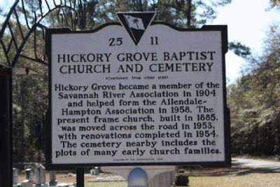 Hickory Grove Baptist Church and Cemetery Marker, reverse side. Click for full size. Hickory Grove Baptist Church and Cemetery Marker, reverse side image. Click for full size.