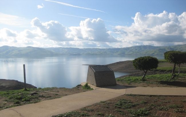 Pacheco Pass Marker - Wide View with San Luis Reservoir image. Click for full size.