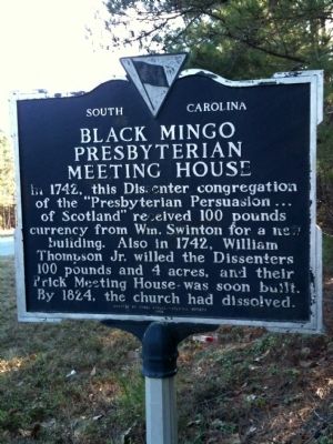 Black Mingo Presbyterian Meeting House Marker (reverse) image. Click for full size.