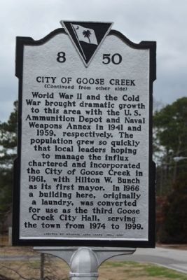 City of Goose Creek side of Marker. Click for full size. City of Goose Creek side of Marker image. Click for full size.