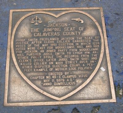 - Jackson - The Jumping Seat of Calaveras County Marker. Click for full size. - Jackson - The Jumping Seat of Calaveras County Marker image. Click for full size.