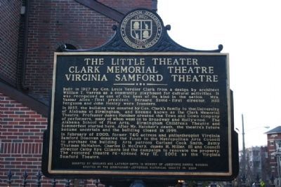 The Little Theater Clark Memorial Theatre Virginia Samford Theatre Marker. Click for full size. The Little Theater Clark Memorial Theatre Virginia Samford Theatre Marker image. Click for full size.