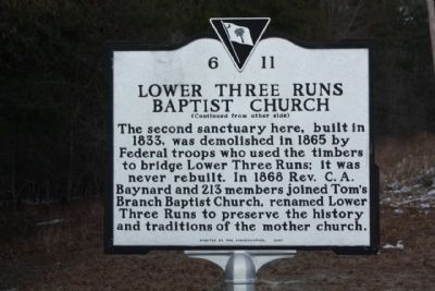Lower Three Runs Baptist Church Marker, reverse side image. Click for full size.