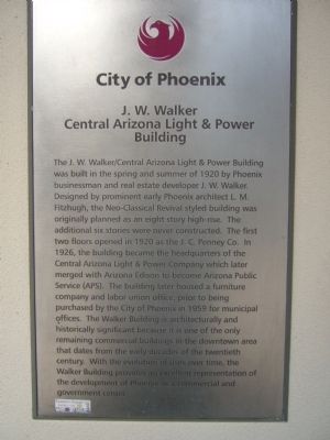J. W. Walker/Central Arizona Light & Power Building Marker image. Click for full size.