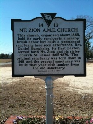Mt. Zion A.M.E. Church Marker (front) image. Click for full size.