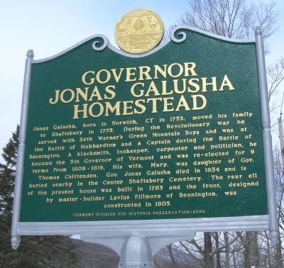 Governor Jonas Galusha Homestead Marker image. Click for full size.
