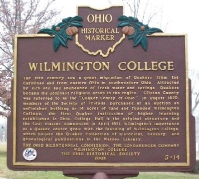 Wilmington College Marker image. Click for full size.