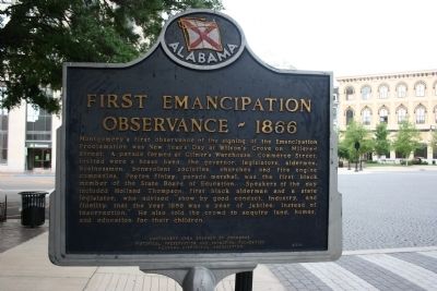 Montgomerys Slave Markets / First Emancipation Observance - 1866 Marker Side B image. Click for full size.