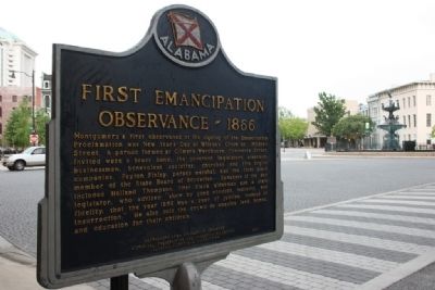 Montgomerys Slave Markets / First Emancipation Observance - 1866 Marker and Court Square Fountain image. Click for full size.