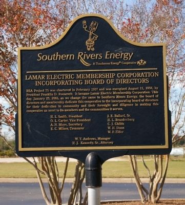 Lamar Electric Membership Corporation Incorporating Board of Directors Marker. Click for full size. Lamar Electric Membership Corporation Incorporating Board of Directors Marker image. Click for full size.