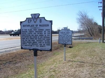 King George County / Caroline County Marker shares location with Birthplace of Madison Marker image. Click for full size.